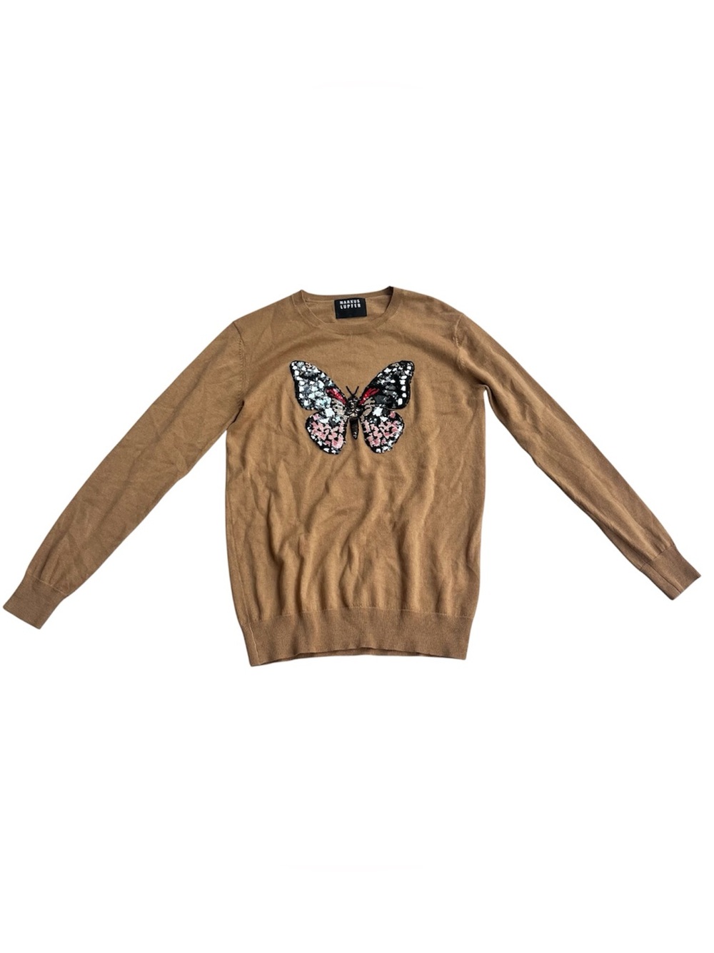 Markus Lupfer Merino Wool Sweater Tan Embellish Butterfly Small Crewneck